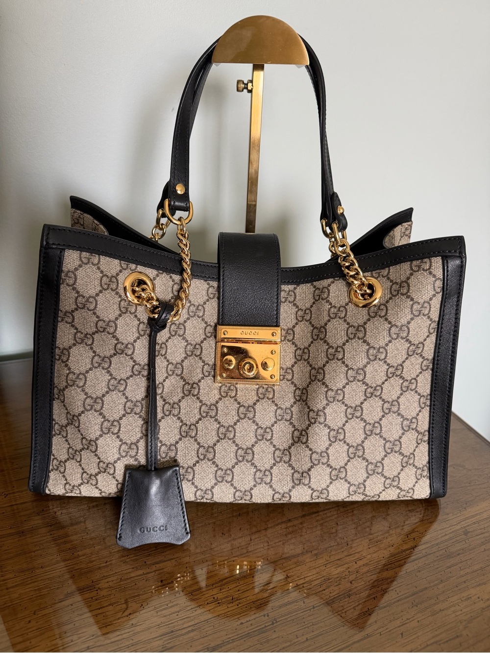 Gucci Beige GG Supreme Canvas Tote with Black Trim and Gold Hardware